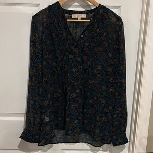 LOFT Teal Sheer Floral V-Neck Blouse with Brown Print